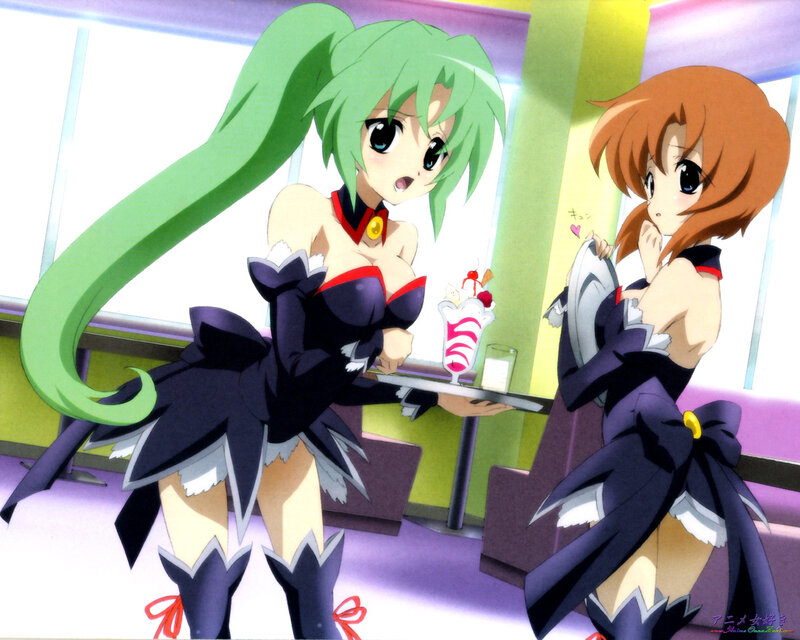 Two anime girls in a cafe