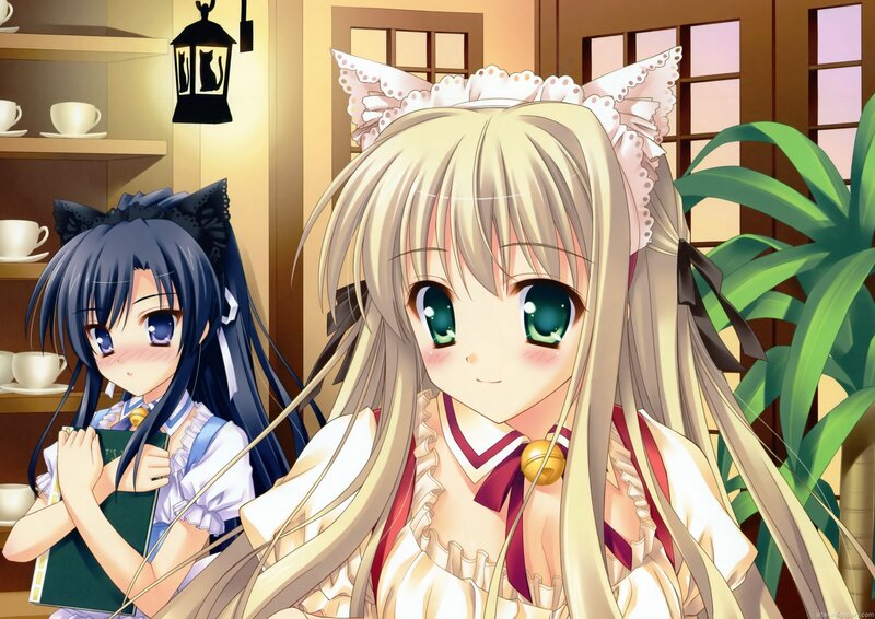 Two anime girls in a cafe