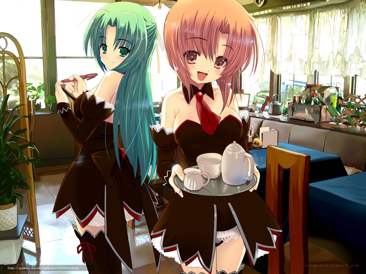 Two anime girls in a cafe