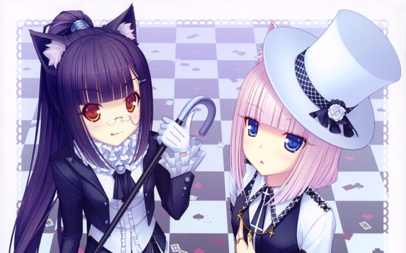 Two anime girls in a chess-themed scene