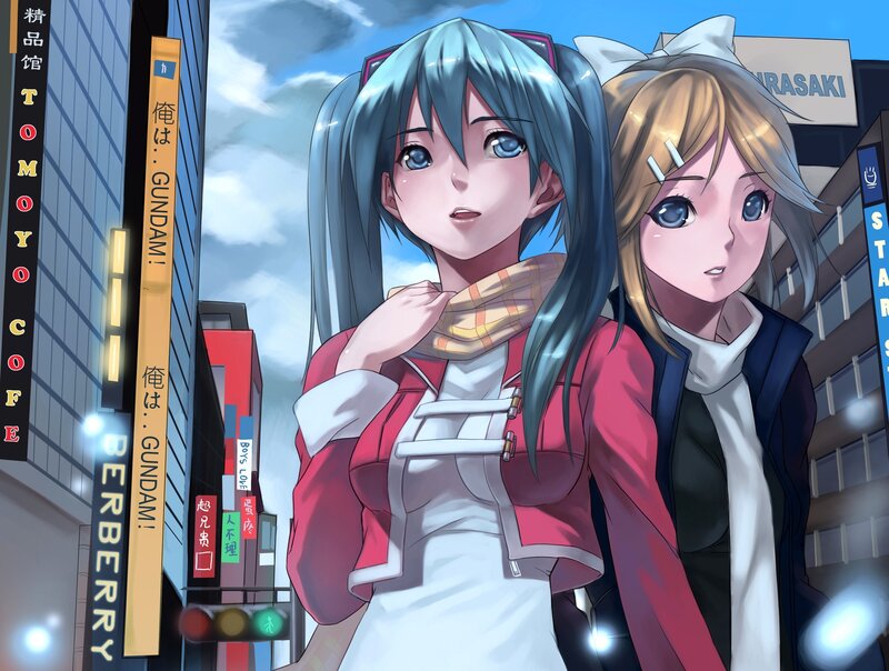 Two anime girls in a city