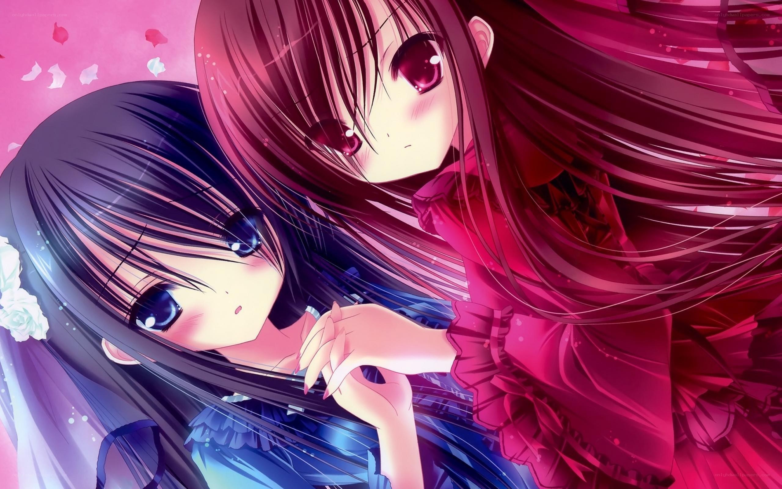 Two anime girls in a close embrace