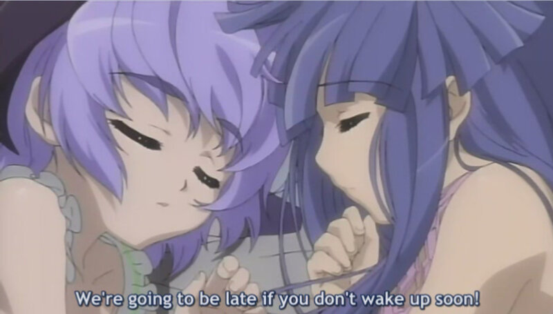 Two anime girls in a close moment