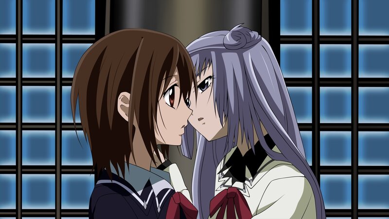 two anime girls in a close moment