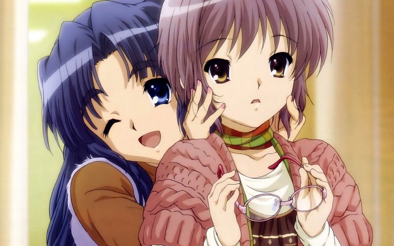 Two anime girls in a close moment