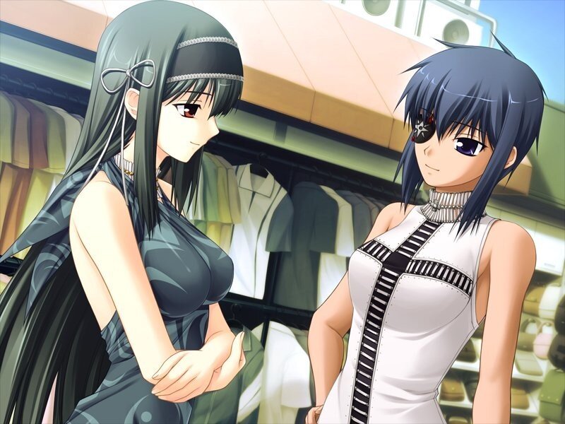 Two anime girls in a clothing store
