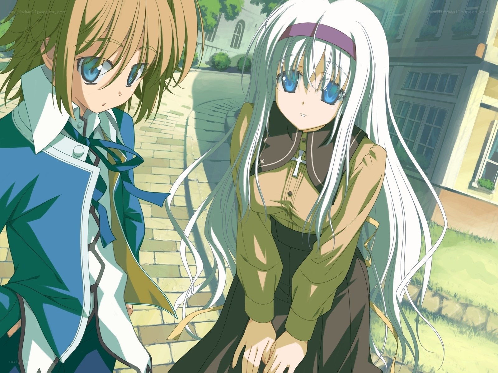 Two anime girls in a courtyard