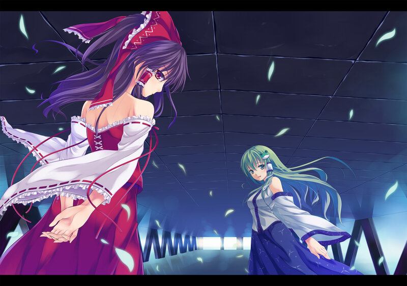 Two anime girls in a dark hall