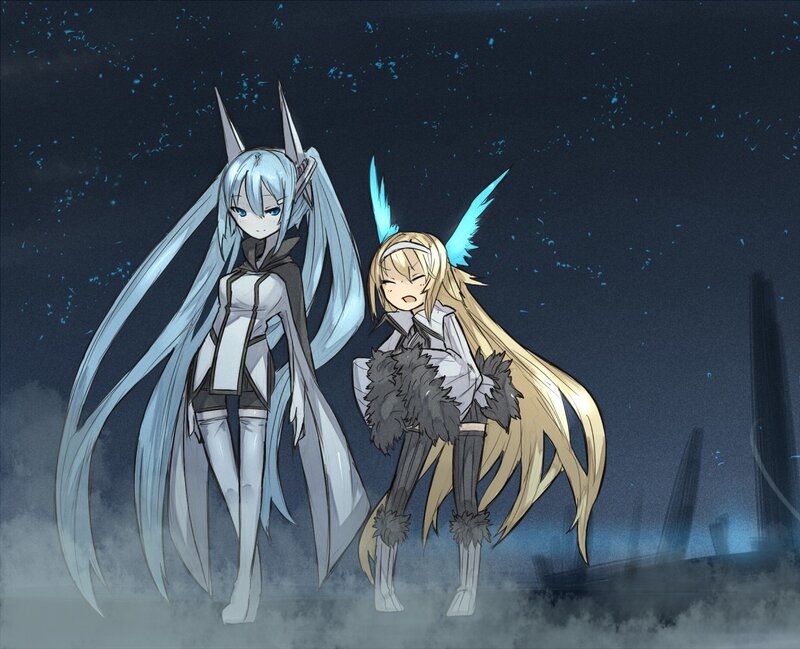 two anime girls in a dark landscape