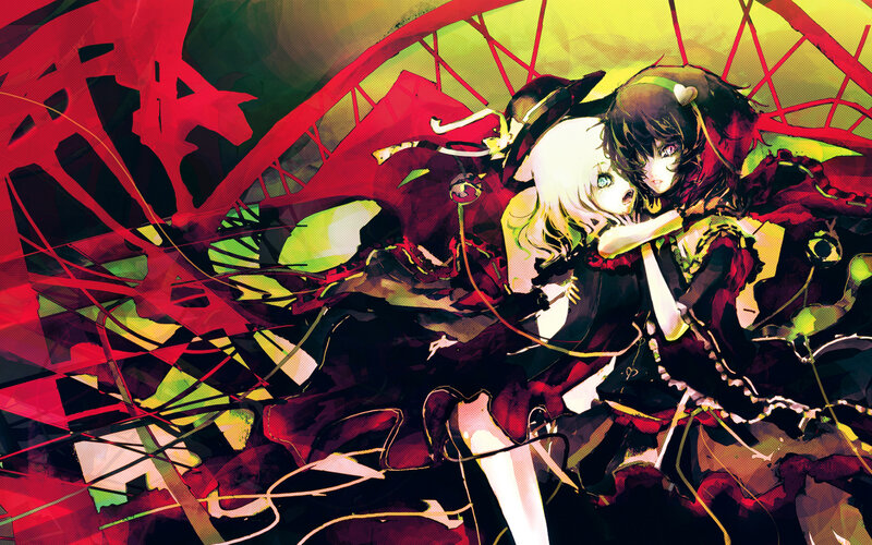 Two anime girls in a dramatic embrace