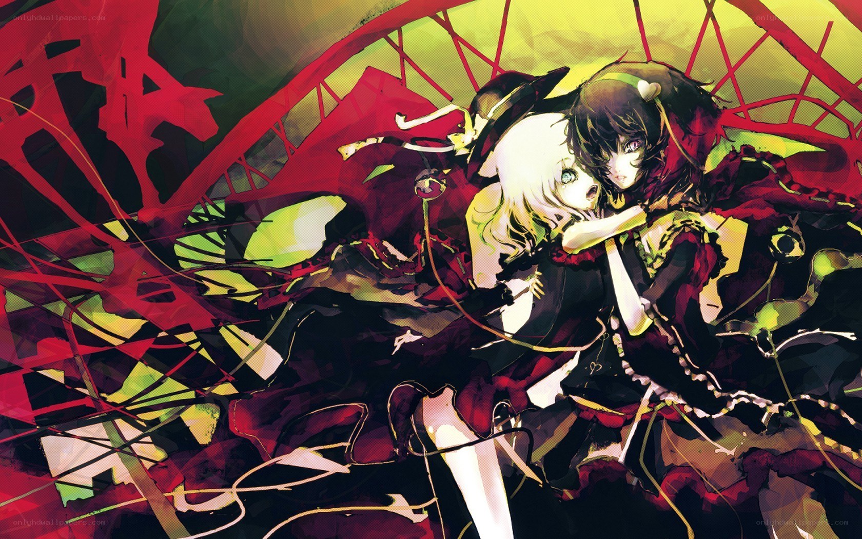 Two anime girls in a dramatic scene