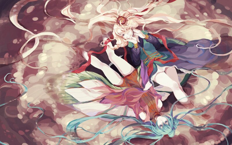 Two anime girls in a dreamlike scene