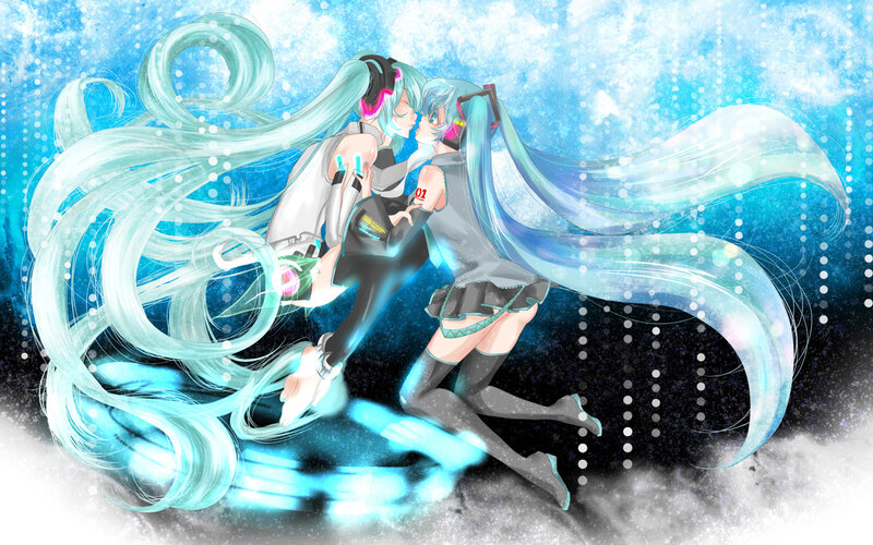 Two anime girls in a dreamy embrace