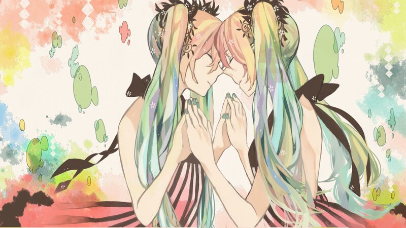 Two anime girls in a dreamy embrace