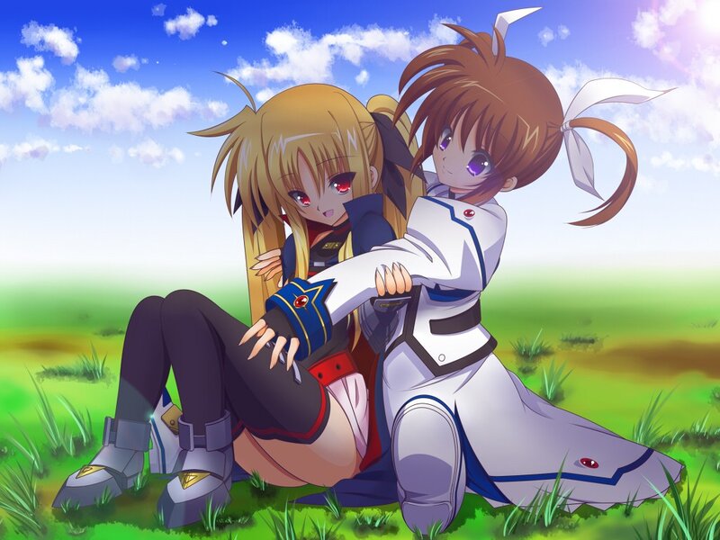 Two anime girls in a field
