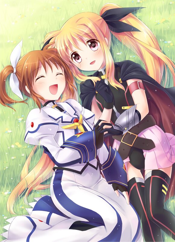 Two anime girls in a field