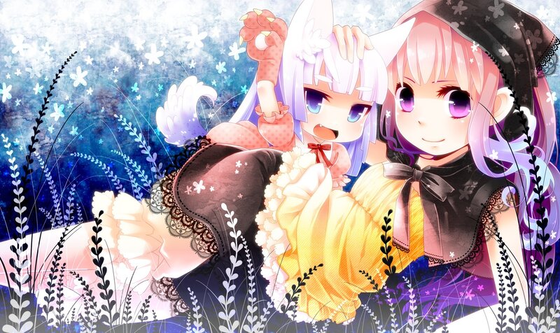 two anime girls in a field