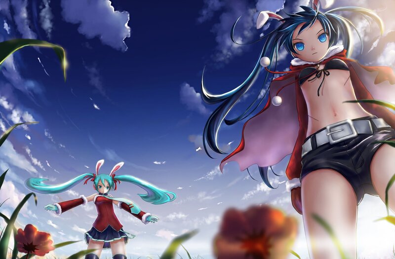 Two anime girls in a field