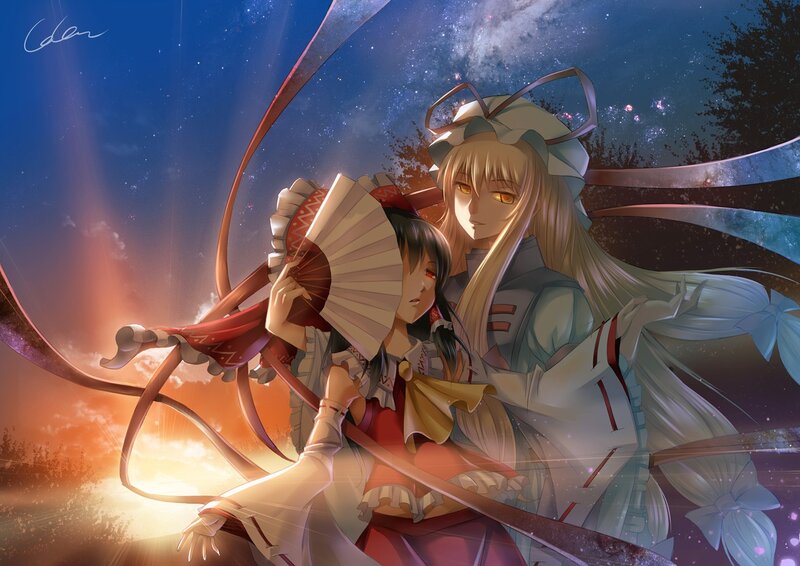Two Anime Girls in a Field — Blue, Dramatic, Sunset