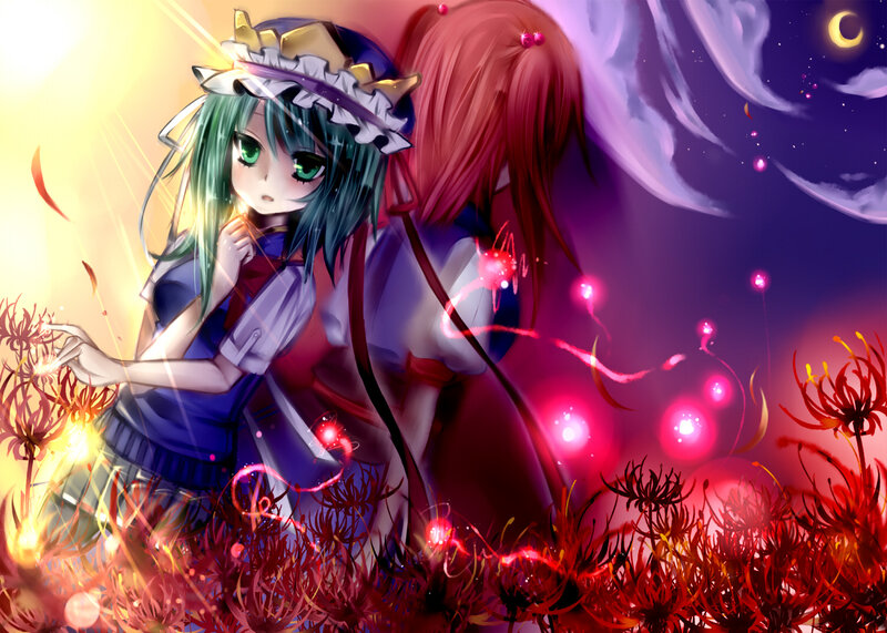 Two Anime Girls in a Field — Red, Dramatic