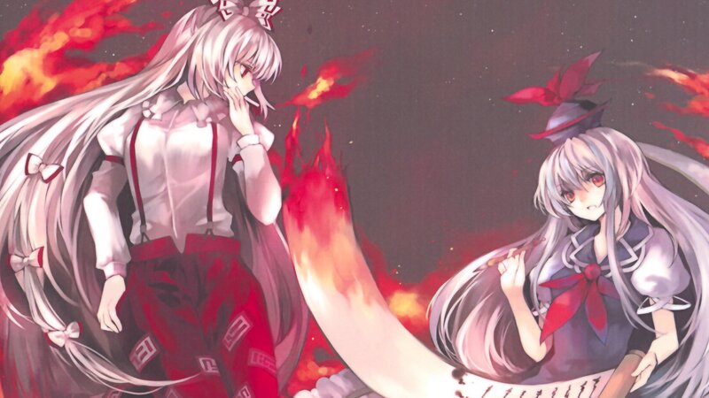 Two anime girls in a fiery scene