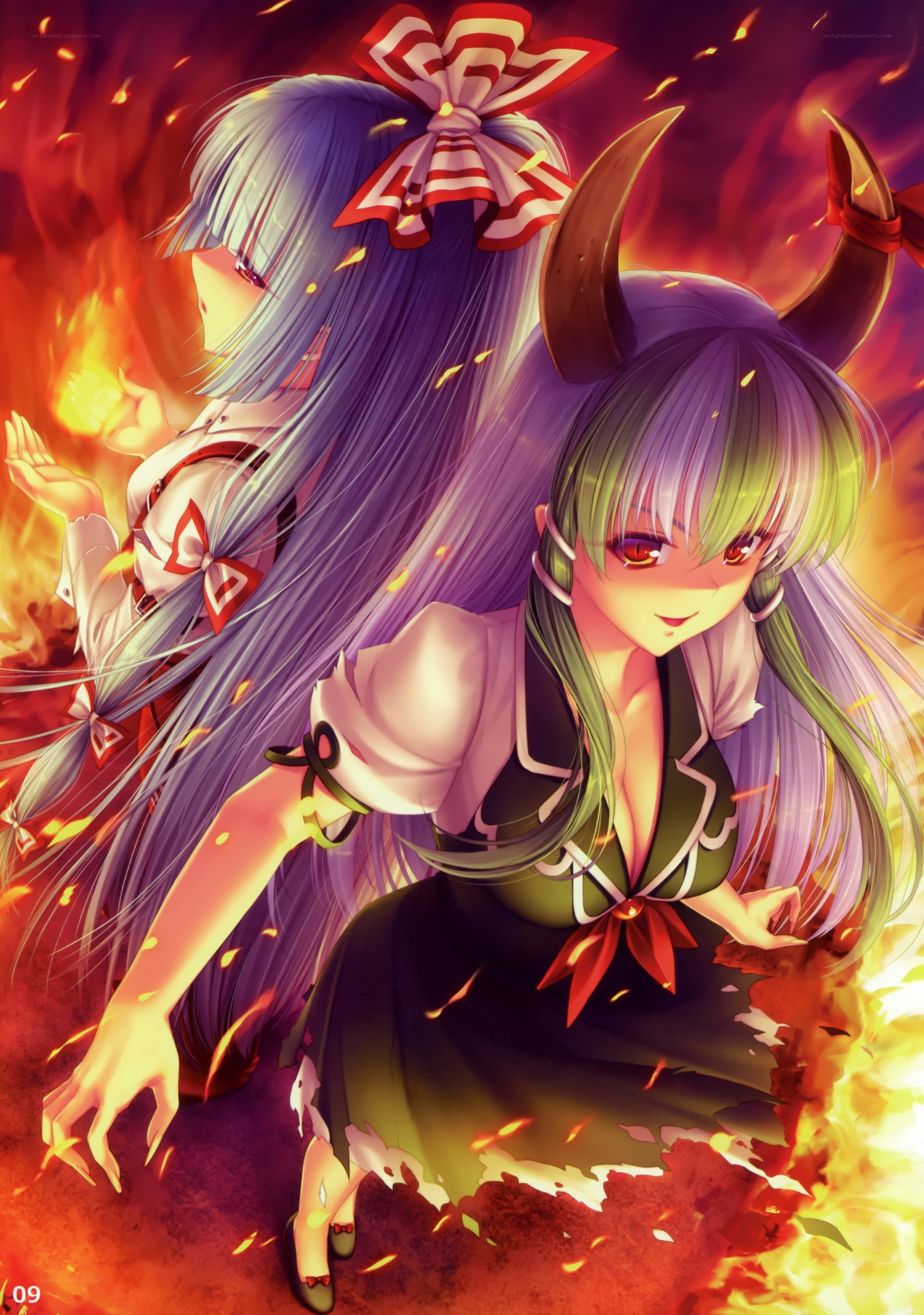 Two anime girls in a fire