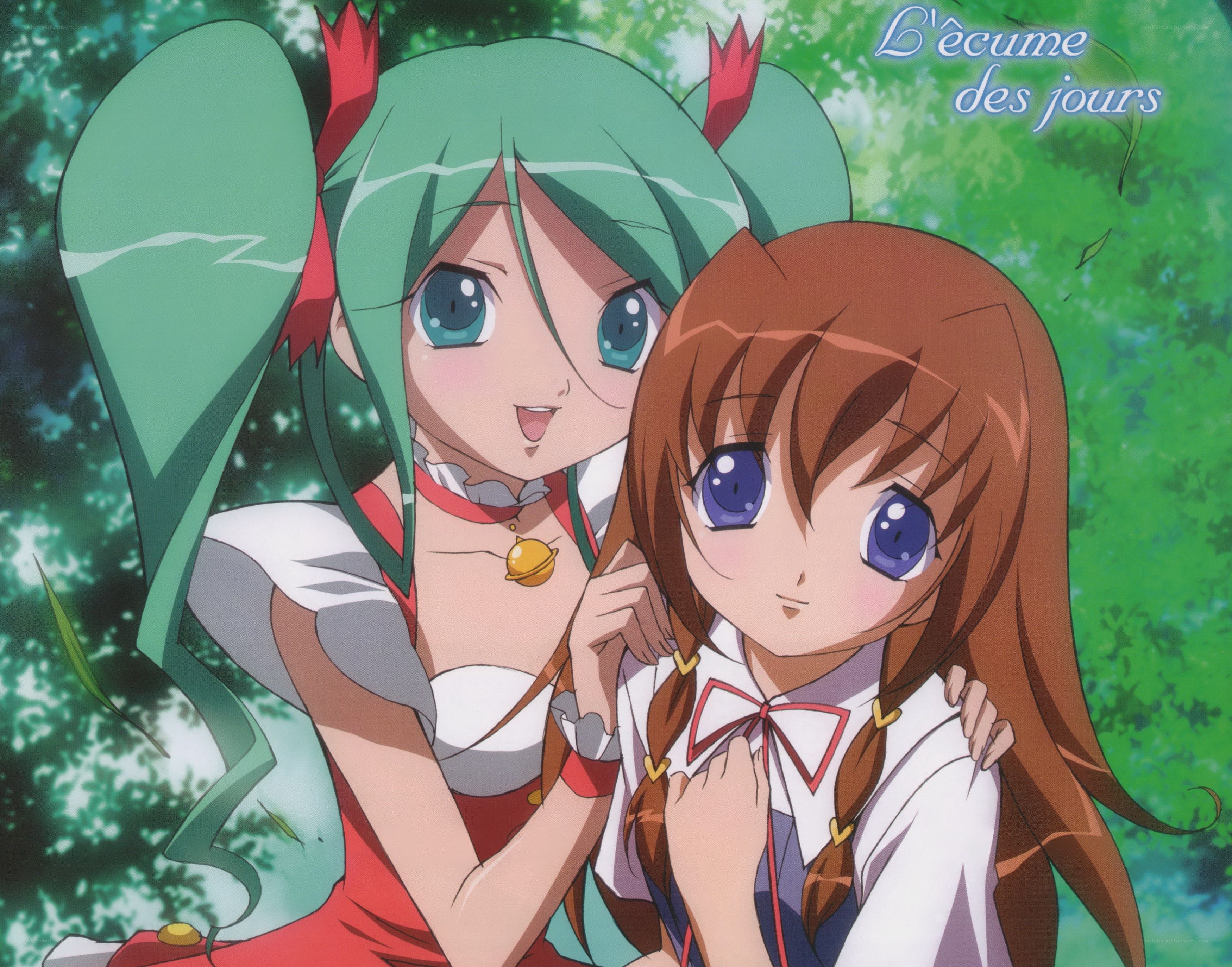 Two anime girls in a forest