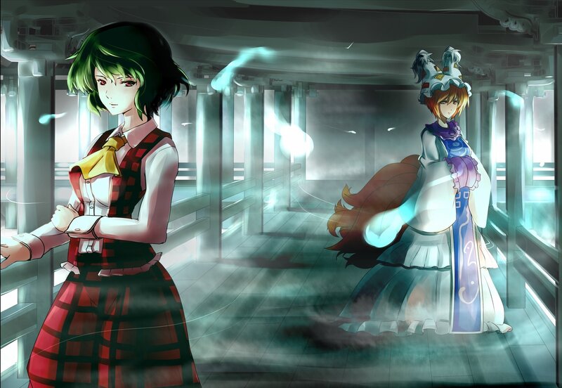 Two anime girls in a futuristic hall