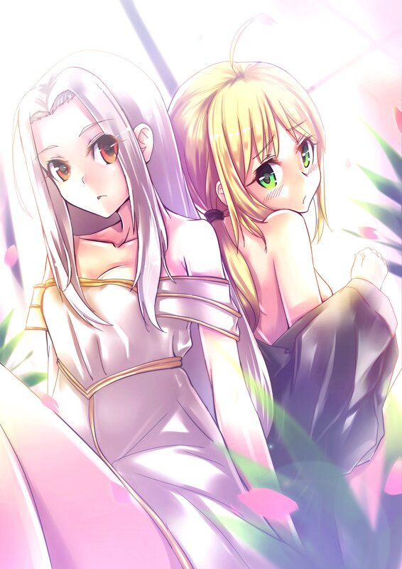 Two anime girls in a garden