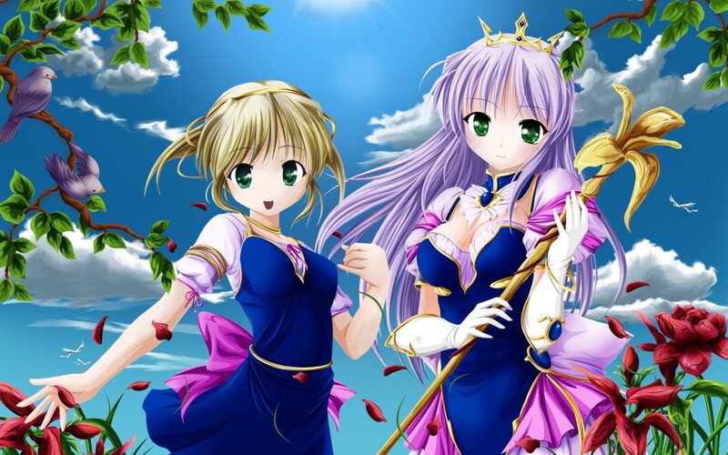 Two anime girls in a garden