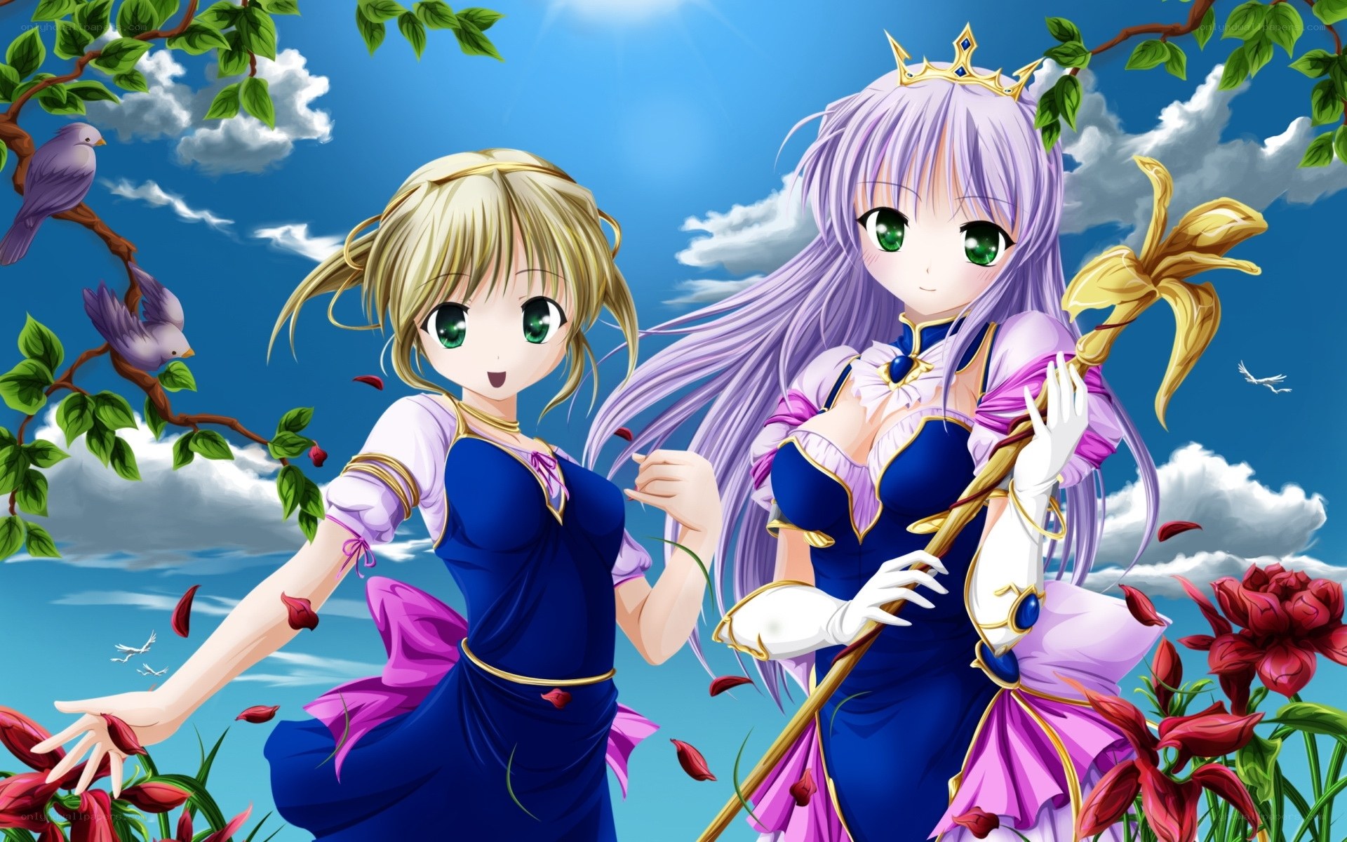 Two anime girls in a garden