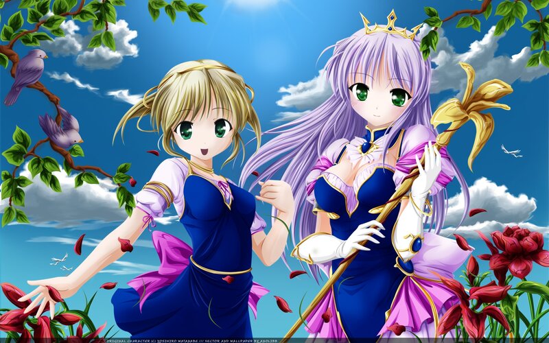 Two anime girls in a garden