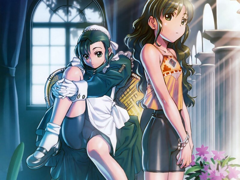 Two anime girls in a grand hall