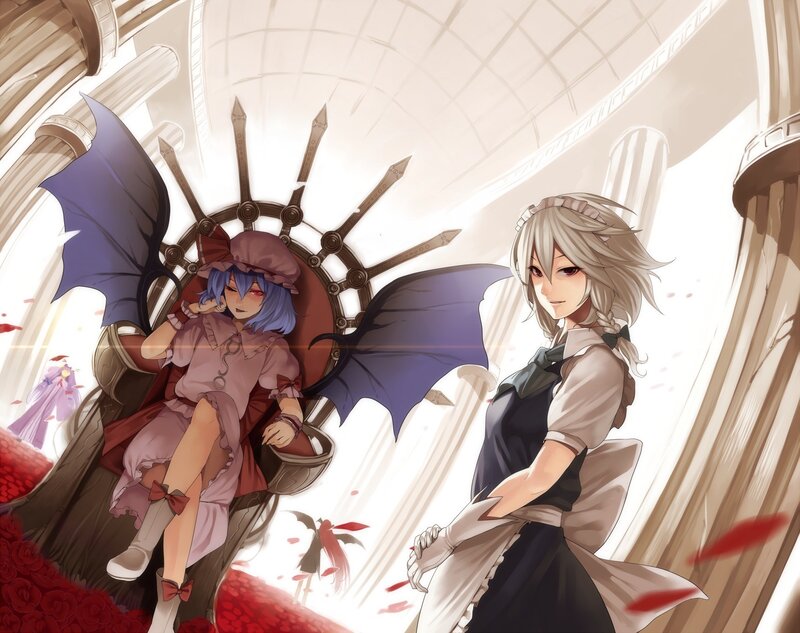 Two anime girls in a grand hall
