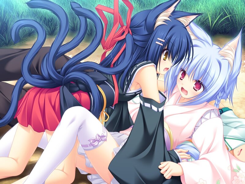 Two anime girls in a grassy field