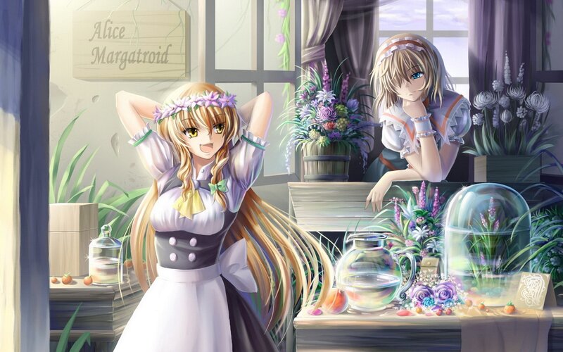 Two Anime Girls in a Greenhouse — Purple, Serene
