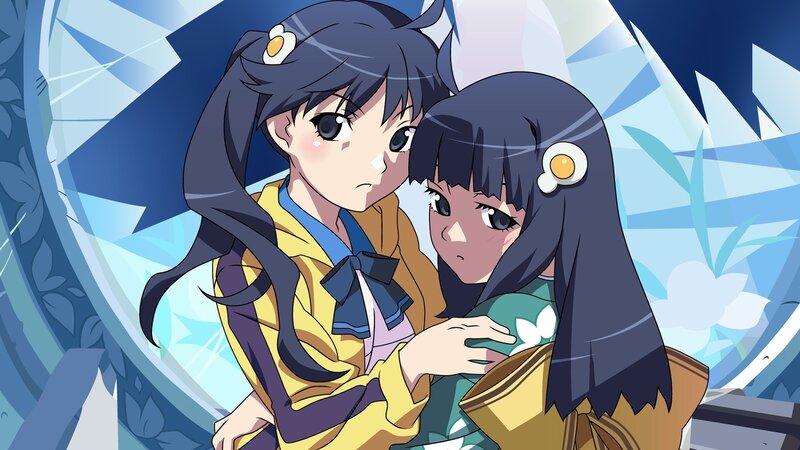 Two anime girls in a hug