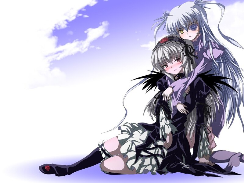 Two anime girls in a hug