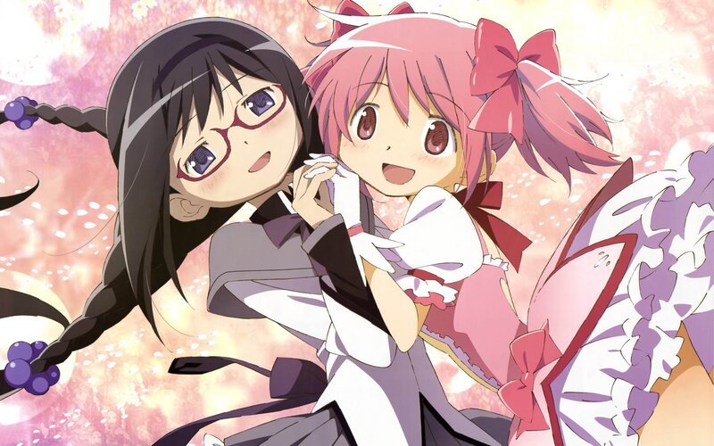 Two anime girls in a joyful embrace