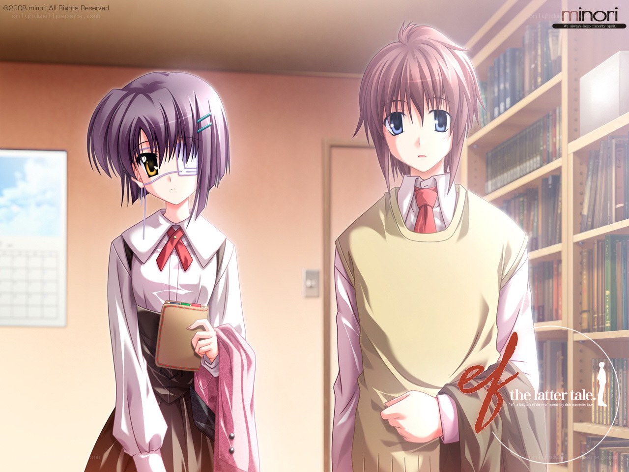 Two anime girls in a library