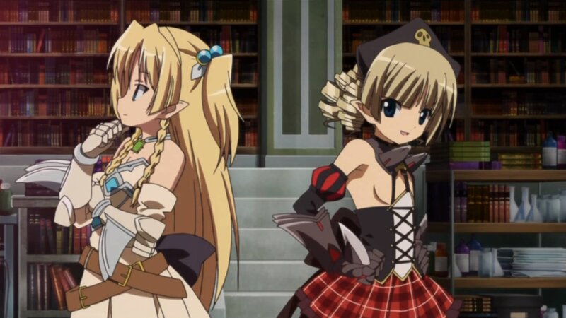 Two anime girls in a library