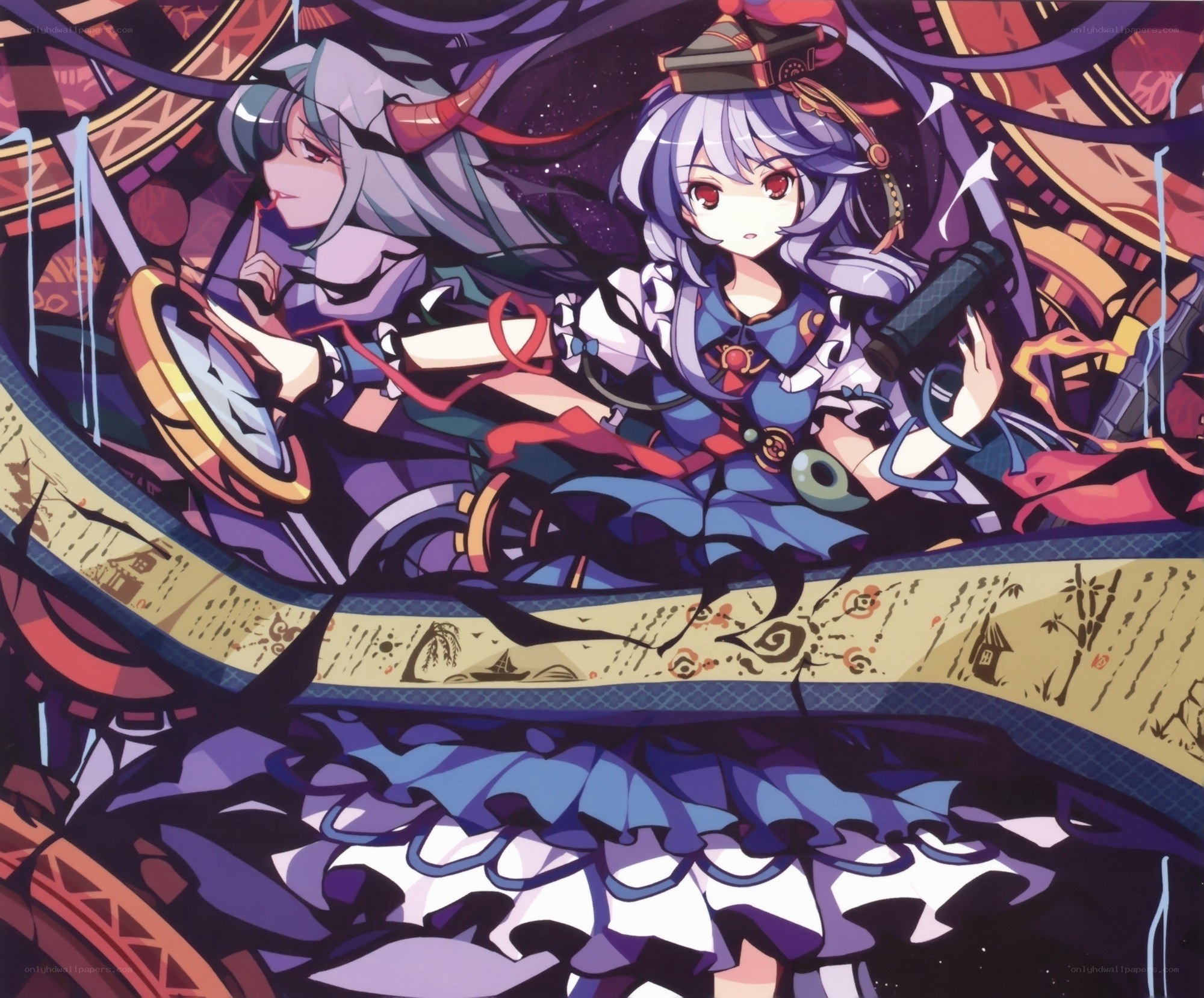 two anime girls in a mechanical setting