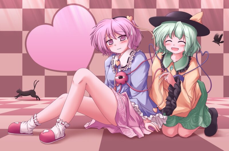 Two anime girls in a pink room