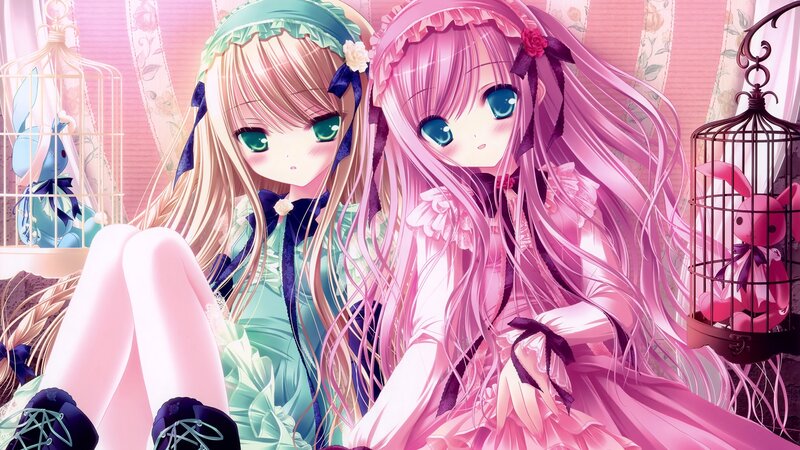 Two anime girls in a pink room