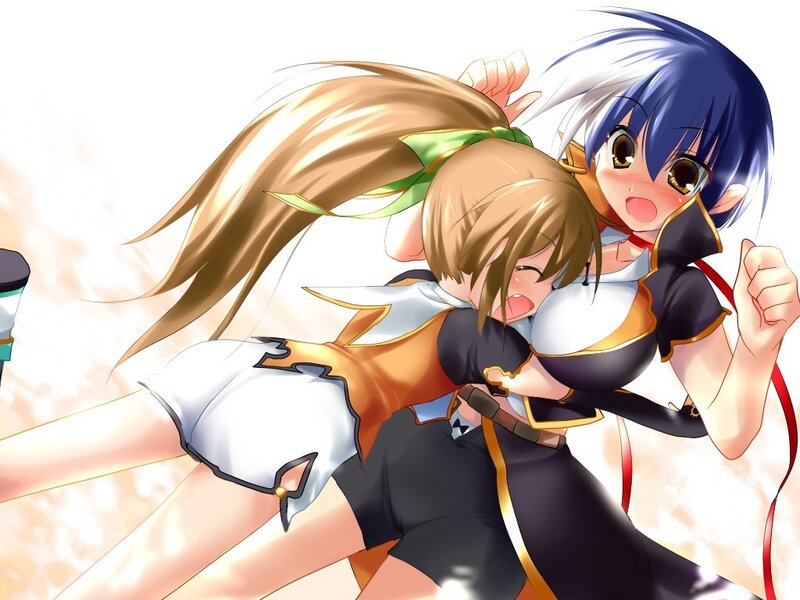 Two anime girls in a playful fight