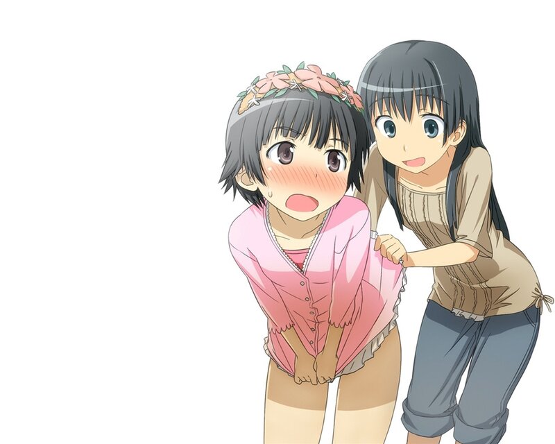Two anime girls in a playful moment