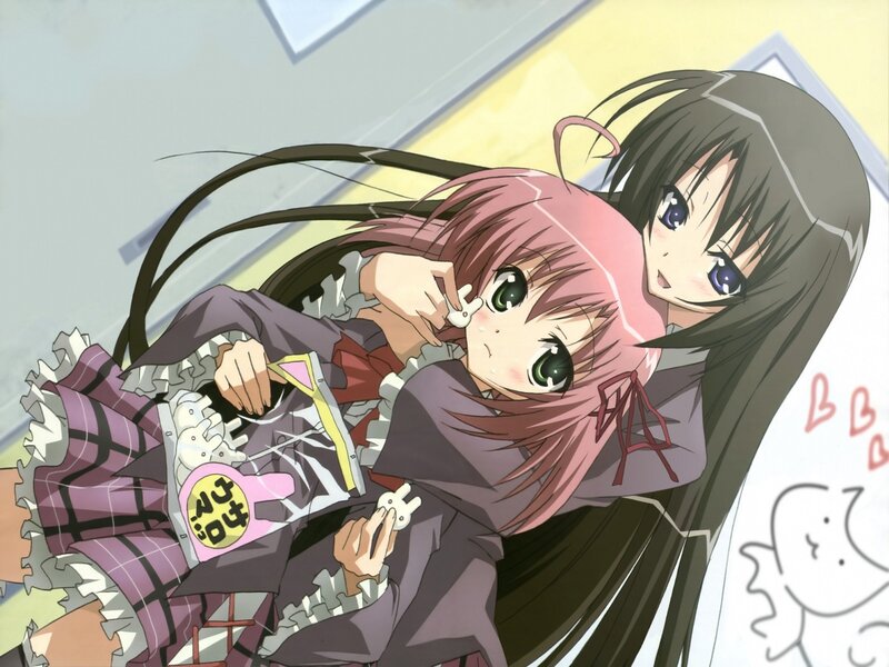 Two anime girls in a playful moment