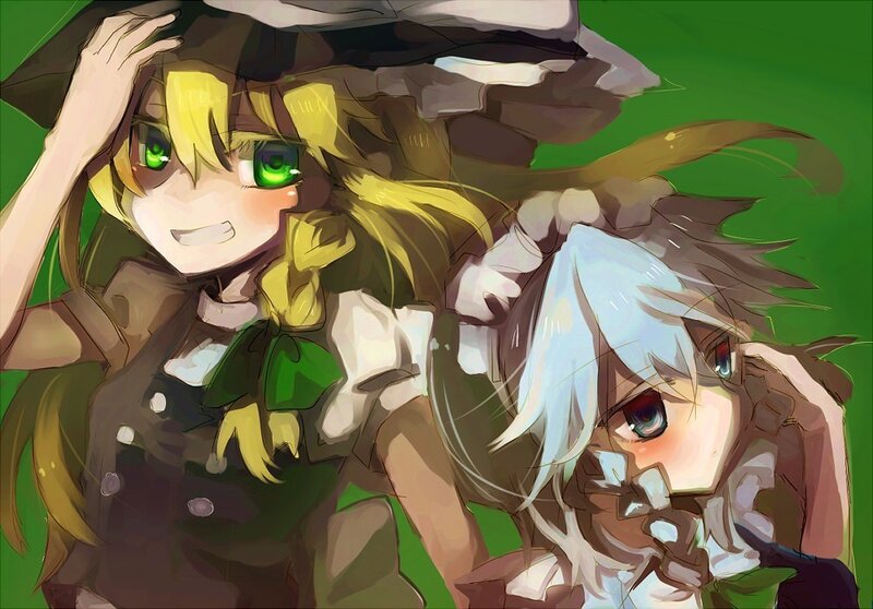 Two anime girls in a playful scene