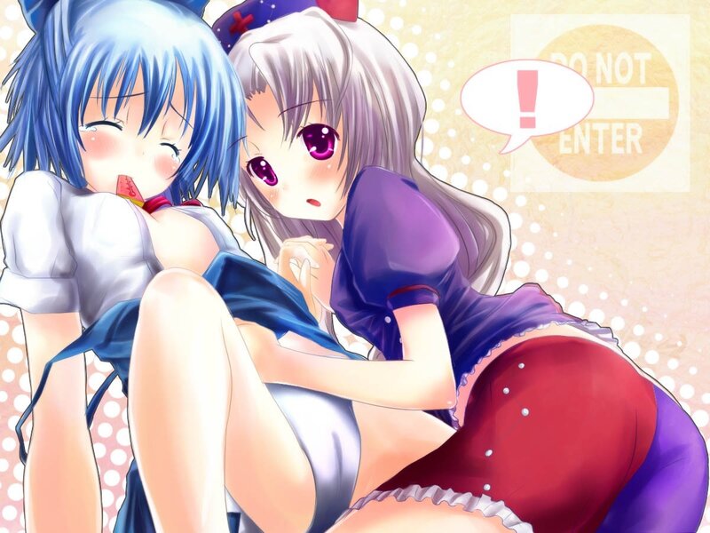 Two anime girls in a playful scene