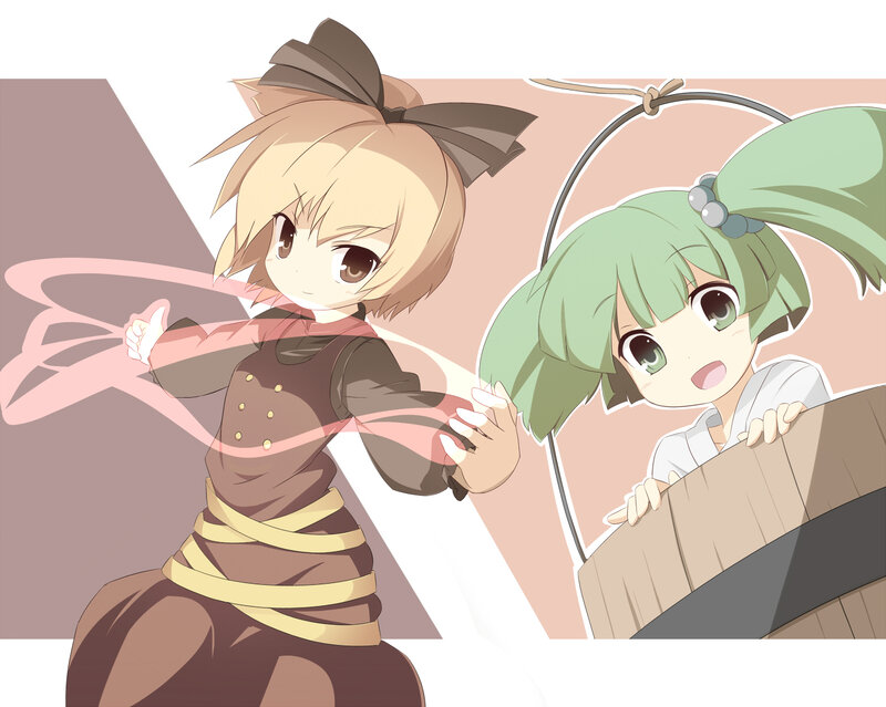 Two anime girls in a playful scene